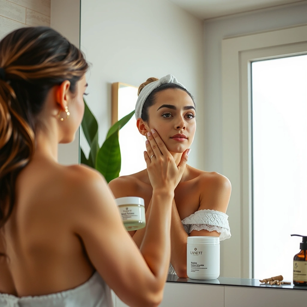 Complete skincare routine application - woman applying natural facial products in elegant bathroom setting